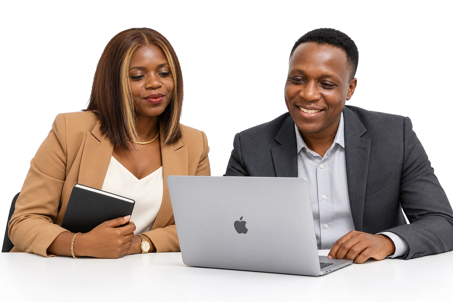 An illustrative scene of two GWO SEVO colleagues discussing work at a laptop.