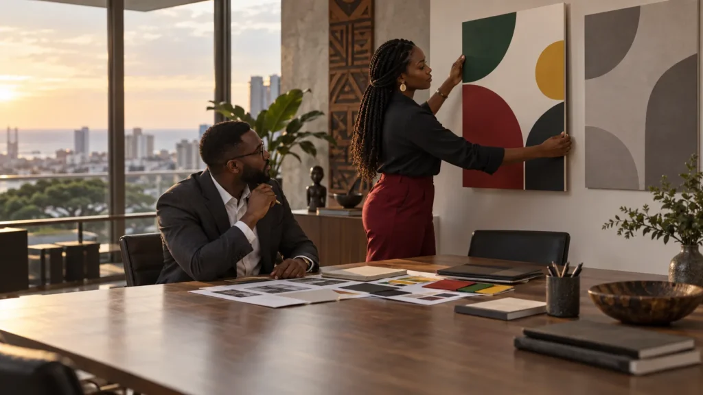 Two communications professionals reviewing abstract colour boards during a corporate identity change