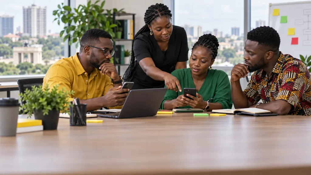 A Ghanaian CRM team reviewing SMS audience permission, message length, delivery testing and response ownership on unbranded devices