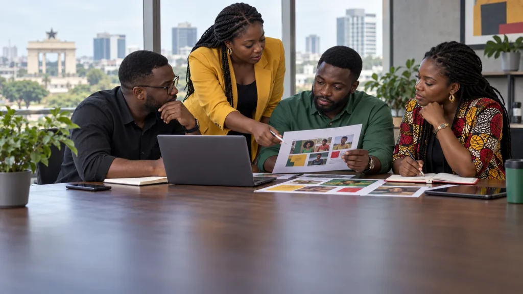 A Ghanaian paid-media and sales team reviewing a locally researched audience brief, advert test and follow-up process