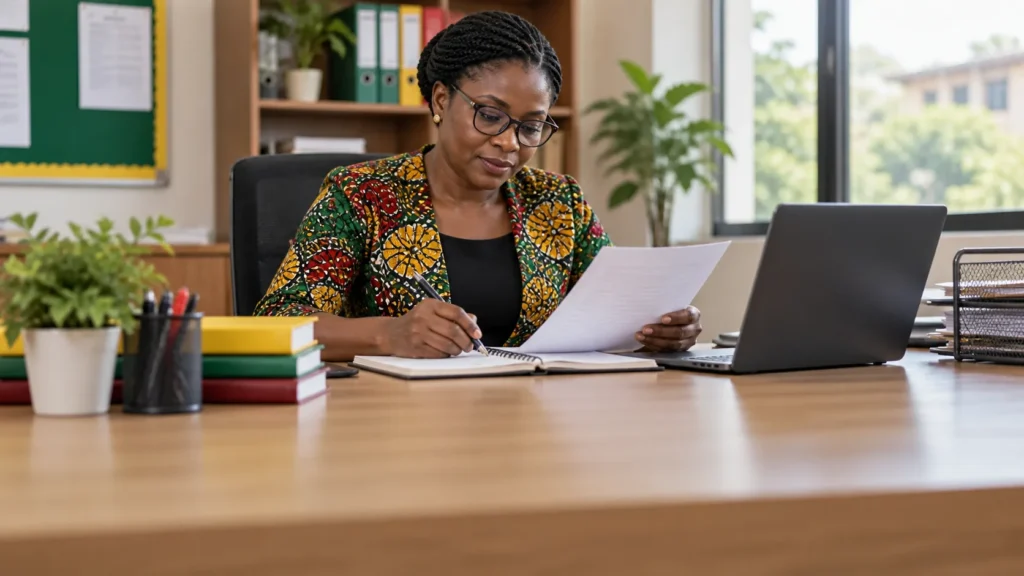 A Ghanaian education administrator preparing a concise school notice for approved recipient groups with a review checklist