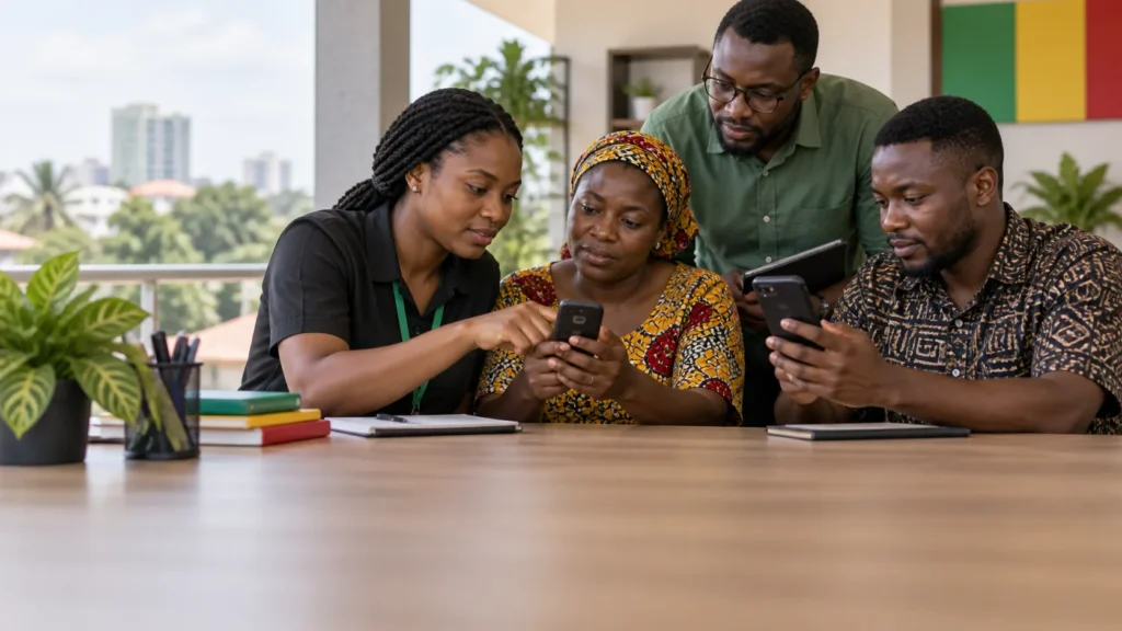 A Ghanaian research team testing a short USSD product-feedback flow on basic and smart mobile phones without readable respondent data