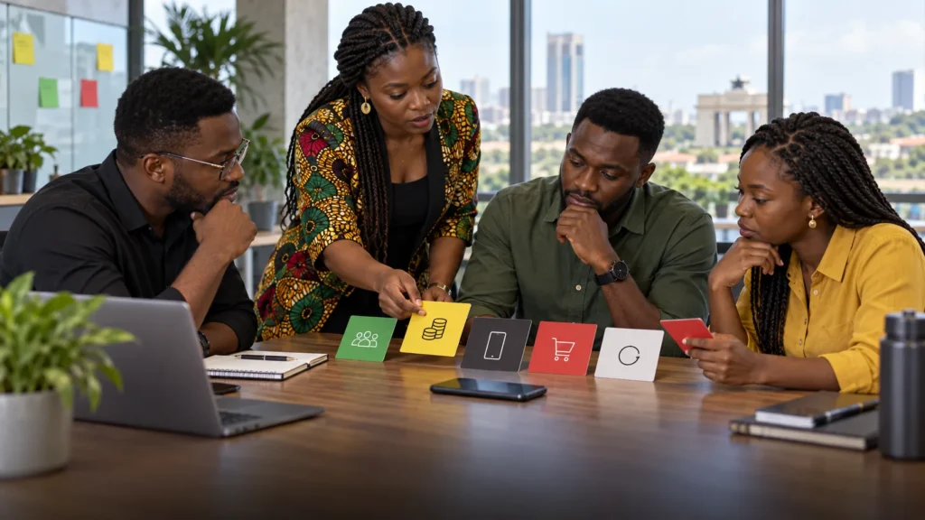 A Ghanaian mobile product team comparing five monetisation model cards around an unbranded smartphone prototype