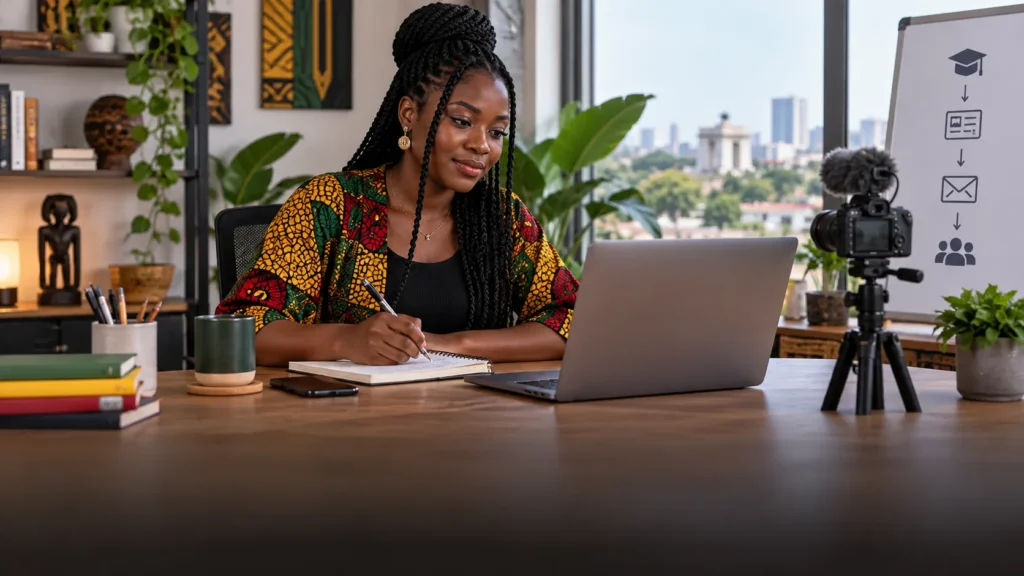 A Ghanaian creator connecting educational content, a clear offer page and an organised enquiry workflow without visible platform branding