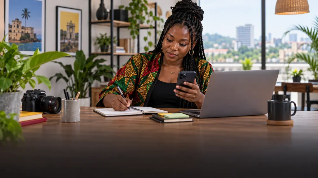 A Ghanaian creator planning a social post, a useful response and a private enquiry hand-off on unbranded devices