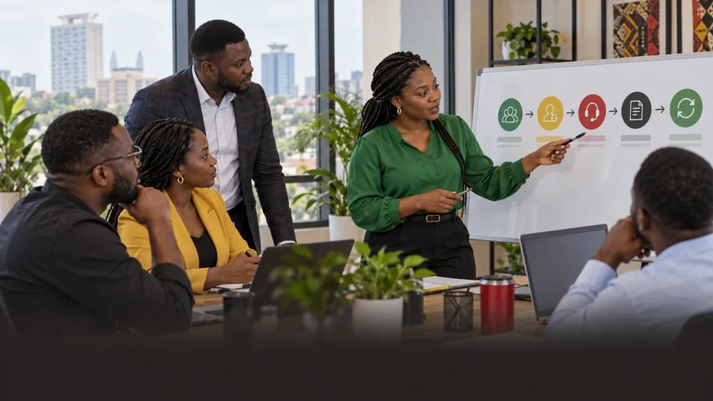 A Ghanaian commercial team connecting acquisition, onboarding, service, renewal and repeat value on a customer lifecycle board