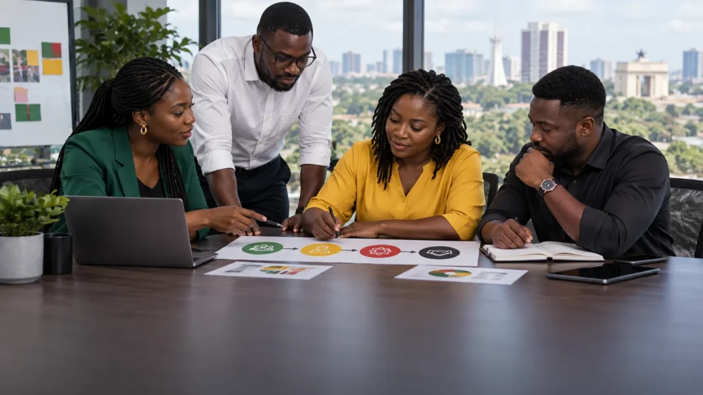 A Ghanaian marketing, sales and customer-operations team connecting one customer promise across acquisition, hand-off and onboarding