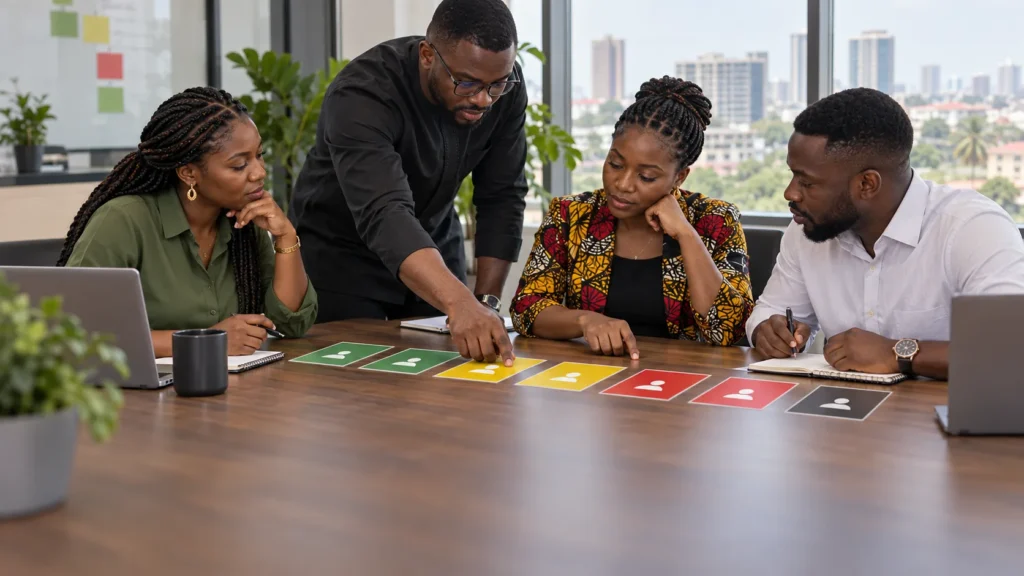 A Ghanaian growth team identifying six breaks across an acquisition funnel drawn with physical cards and anonymised lead stages