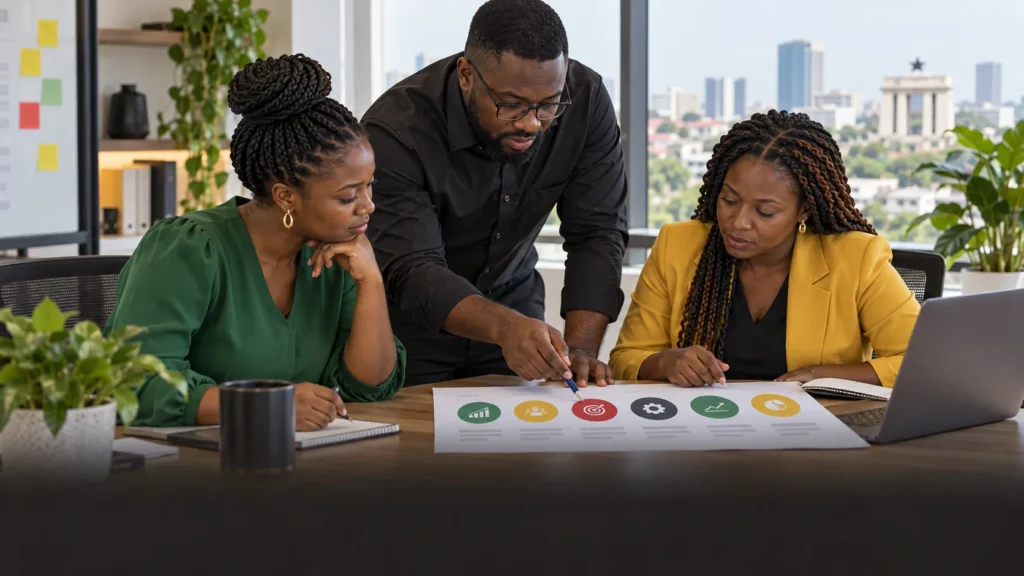 Customer success and analytics specialists defining six metrics on an anonymised measurement sheet in an Accra office