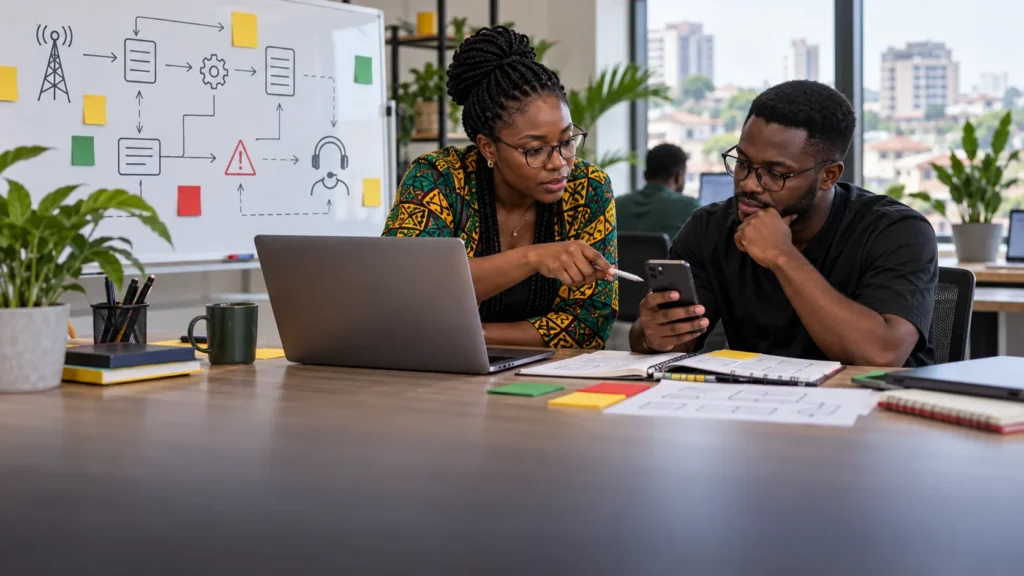 A Ghanaian product manager and developer mapping an operator integration, API failure paths and customer support hand-offs around an unbranded phone
