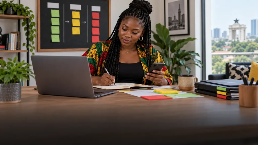 A Ghanaian creator organising enquiries, proposals and delivery stages in a simple privacy-conscious customer workflow
