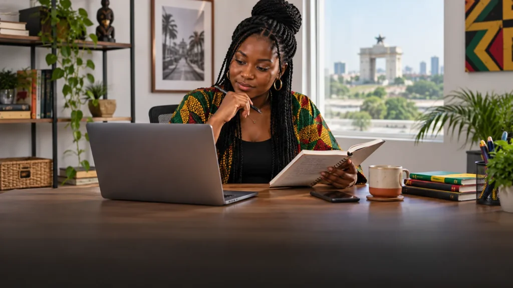 A Ghanaian creator reviewing returning-audience patterns and thoughtful community questions after publishing a recurring series