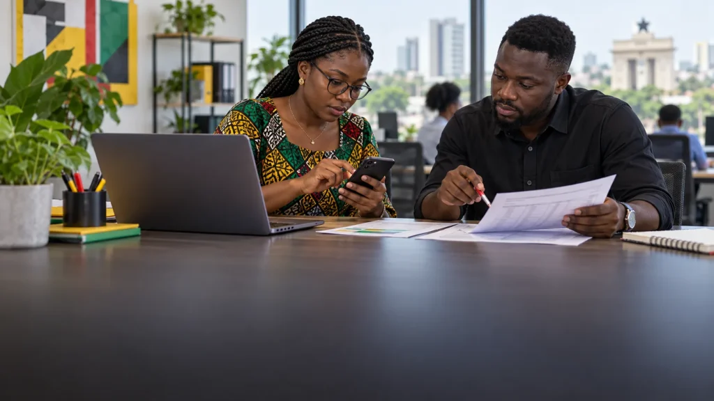 A Ghanaian app developer and finance operator reconciling an unbranded mobile-money payment flow with entitlement records