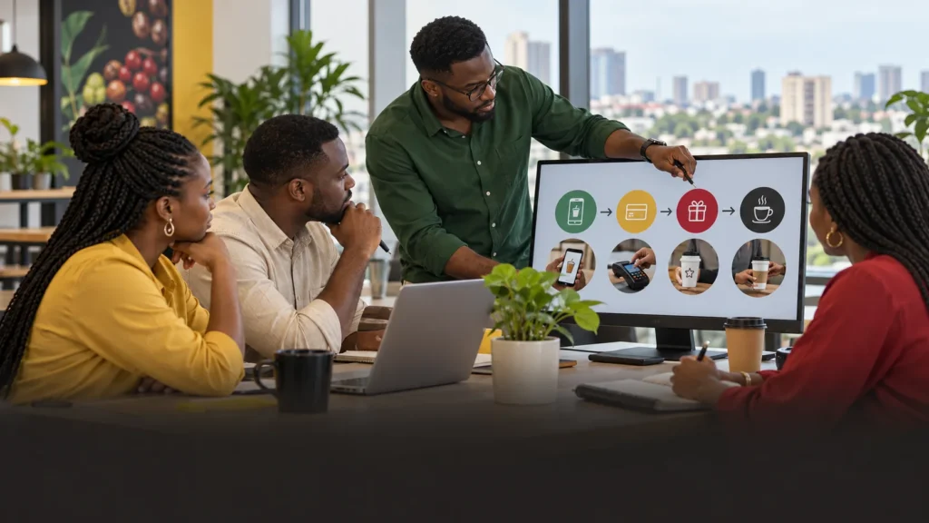 A customer strategy team analysing a generic coffee loyalty journey across ordering, payment, rewards and in-store fulfilment with no visible brand marks