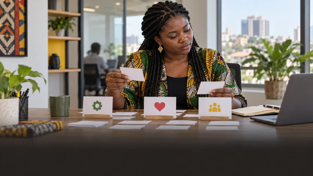 A Ghanaian customer researcher comparing practical, emotional and social reasons for repeat behaviour using anonymous interview cards