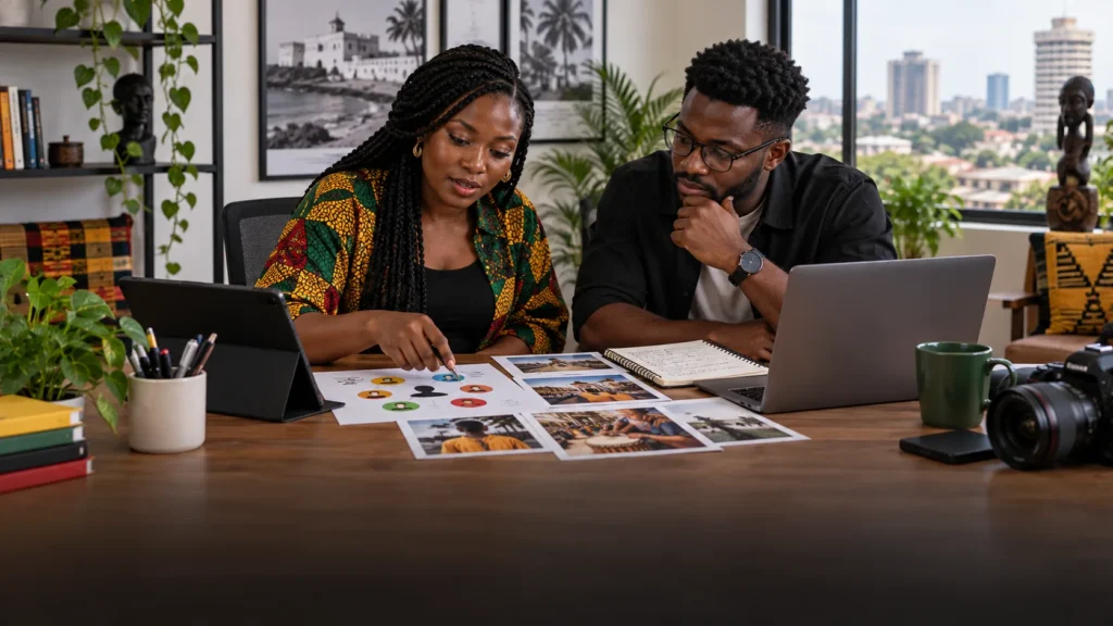 A Ghanaian creator and an editor reviewing an audience map, content samples and an anonymised performance notebook in a compact studio