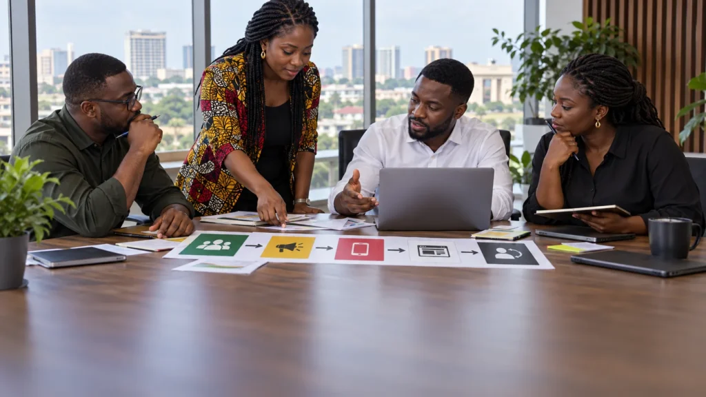 A Ghanaian commercial team connecting audience, offer, channel, landing page and sales follow-up cards into one acquisition plan