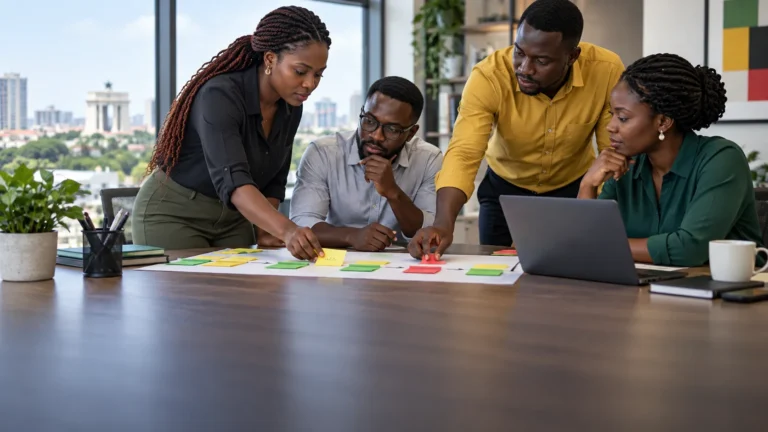 A Ghanaian customer-experience team grouping anonymous feedback beside journey stages and assigning operational actions