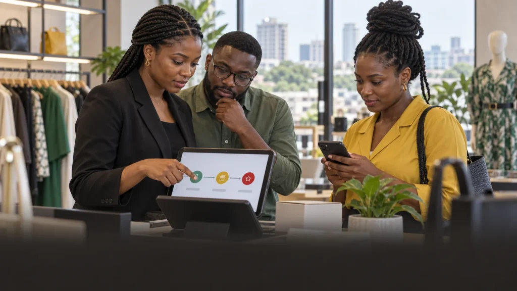 A retail customer-experience team testing a simple digital loyalty journey and reward rules on unbranded screens