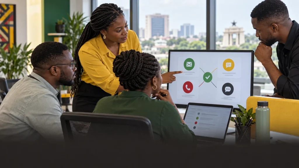 A Ghanaian customer-service team aligning email, SMS, phone and chat messages around one accurate status and next action