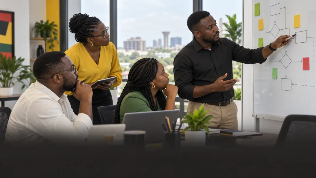 A Ghanaian customer-operations team evaluating automation rules, exception paths and software requirements on a whiteboard