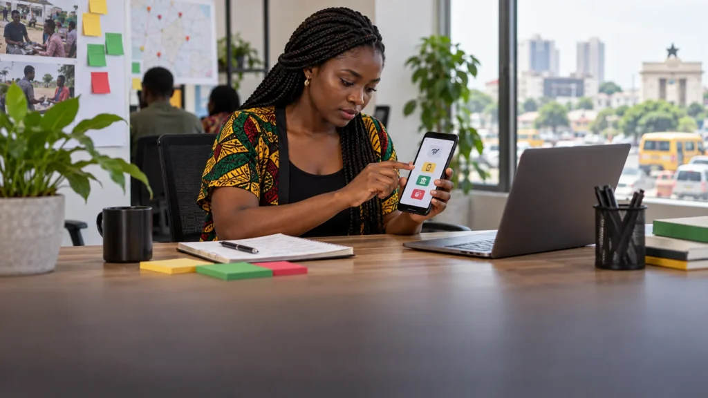 A Ghanaian product researcher testing an unbranded mobile app with local terminology, payment choices and low-connectivity states