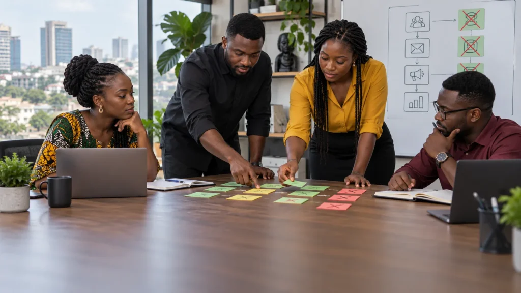 A Ghanaian marketing-operations team mapping a lean acquisition tool stack and removing duplicate systems from a workflow