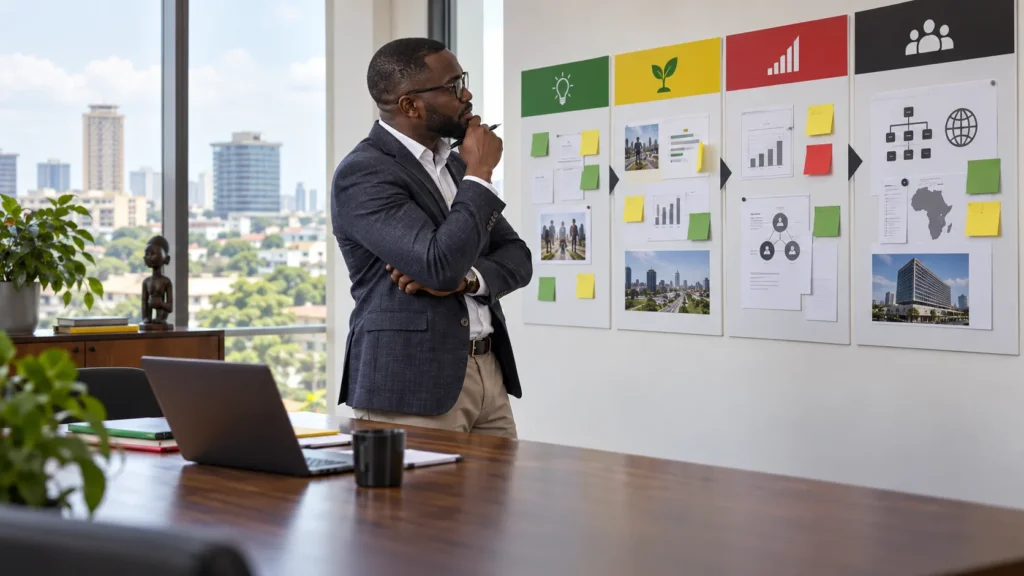 A Ghanaian commercial leader comparing validation, early growth, scaling and enterprise marketing operating models on one wall