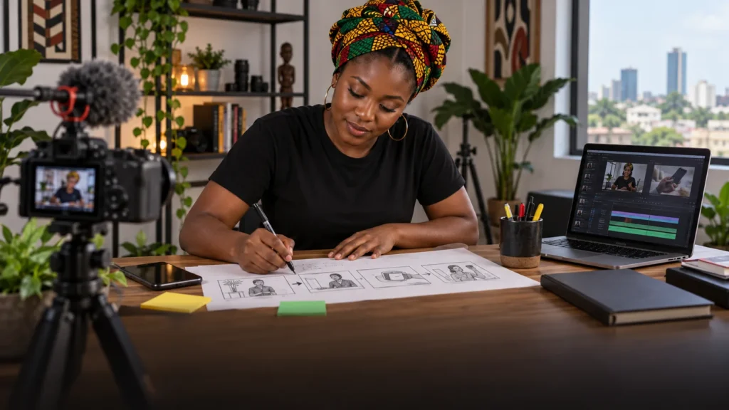 A Ghanaian video creator and editor storyboarding a clear opening, demonstration and shareable conclusion in a compact studio