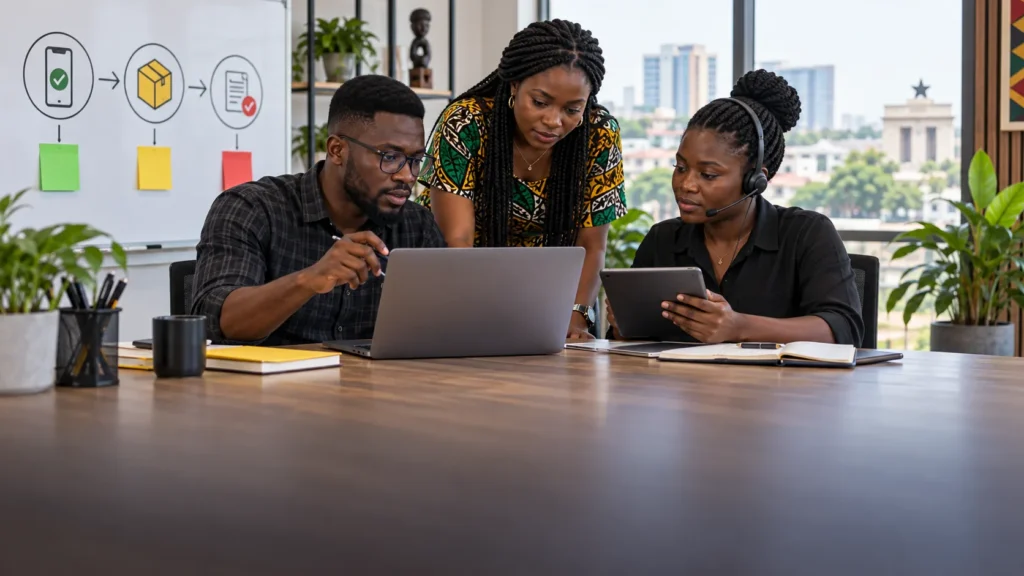 A Ghanaian mobile developer, finance analyst and support lead mapping payment confirmation, fulfilment and reconciliation on an unbranded app