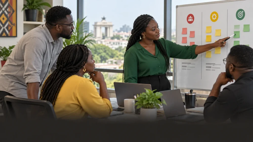 A Ghanaian customer-success and product team reviewing anonymised churn signals, intervention owners and root causes on a simple board