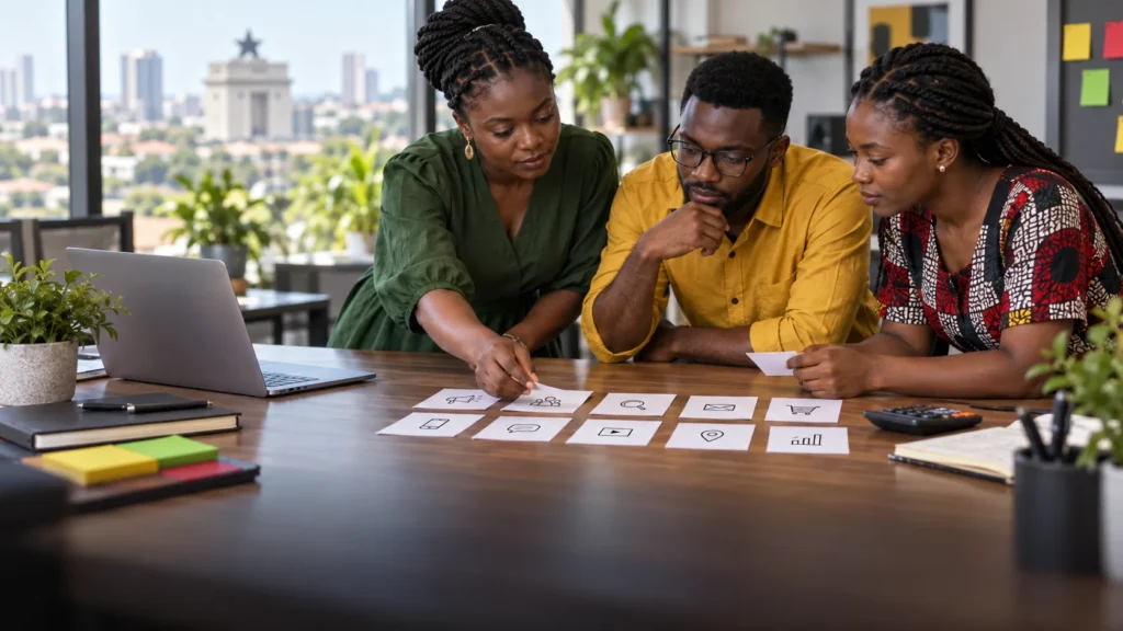 A small Ghanaian business team arranging ten modest customer-acquisition experiments on cards beside a laptop and calculator