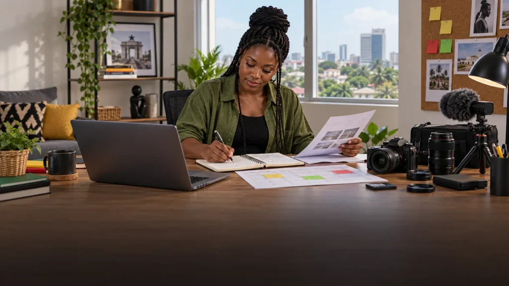 A Ghanaian creator moving from a casual home setup to an organised production desk with a brief, calendar and camera equipment