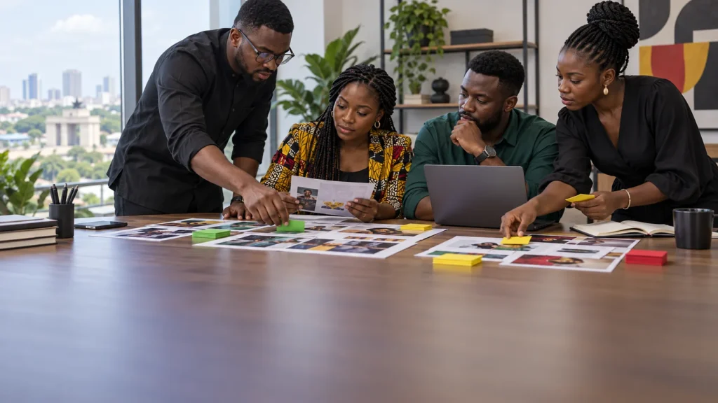 A Ghanaian marketing team reviewing archived 2023 campaign materials on an unbranded mood board and separating creative, media and conversion notes