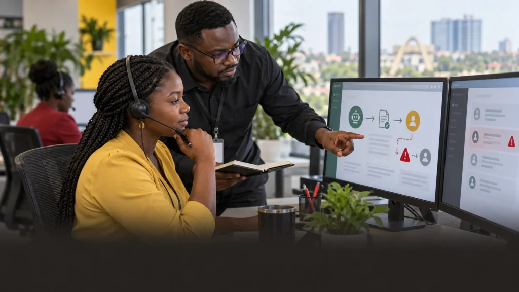 A contact-centre professional receiving a well-documented hand-off from an automated service workflow while a colleague reviews the exception path