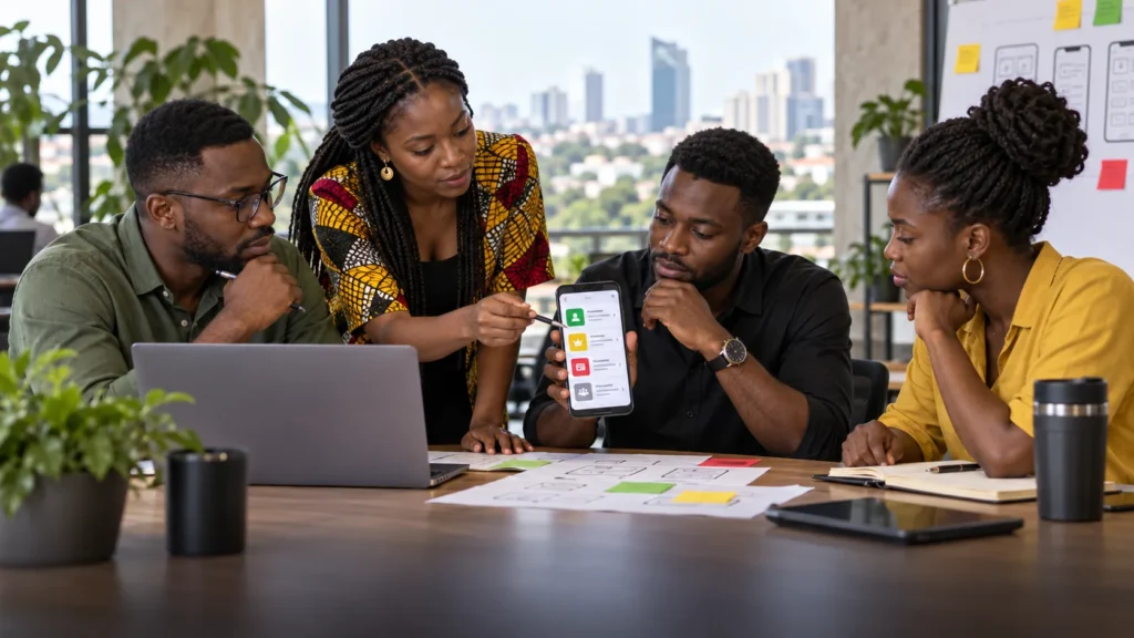 A Ghanaian mobile product team comparing subscriptions, paid features, transactions and partnerships around an unbranded app prototype