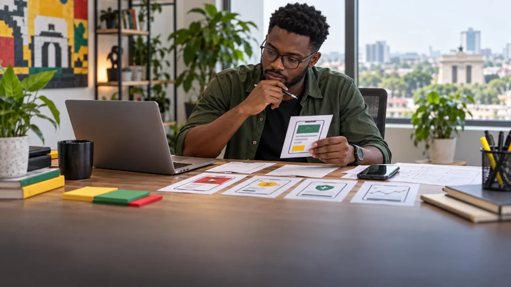 A Ghanaian mobile developer comparing ad-format cards, payment terms, privacy notes and app-performance tests beside an unbranded phone