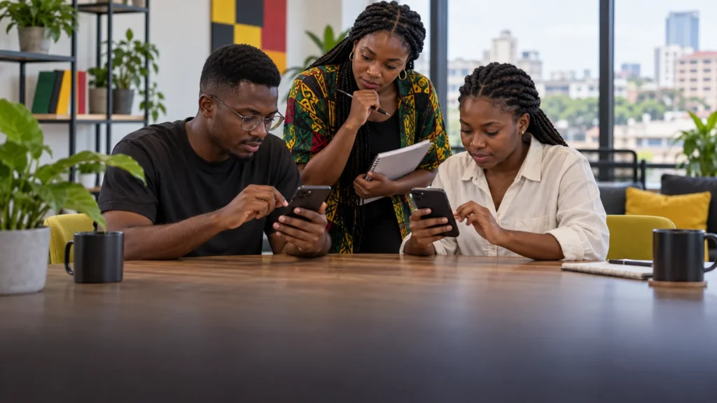 A Ghanaian product designer observing a user test of an unbranded app purchase flow on two ordinary smartphones
