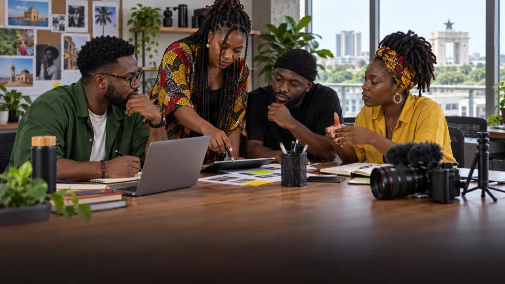 A group of Ghanaian creators comparing sustainable production, audience, rights and revenue practices around a shared planning table