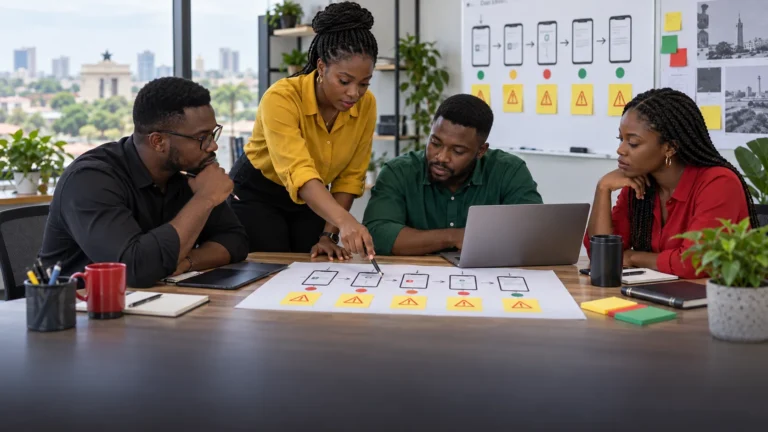 A Ghanaian app team marking five monetisation risks across a product journey and payment test plan