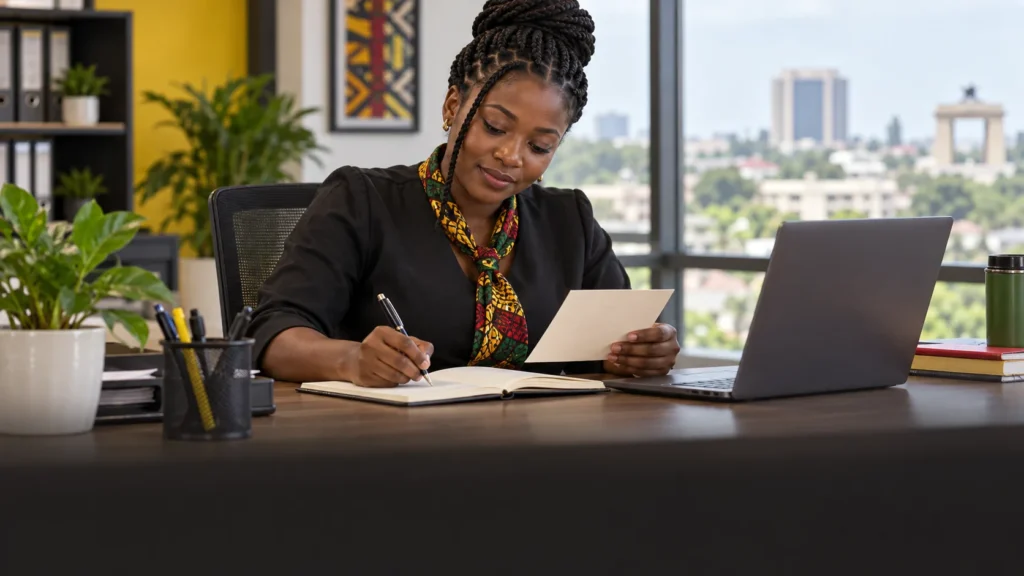 A Ghanaian customer-service professional preparing a simple handwritten thank-you and accurate service update without promotional materials