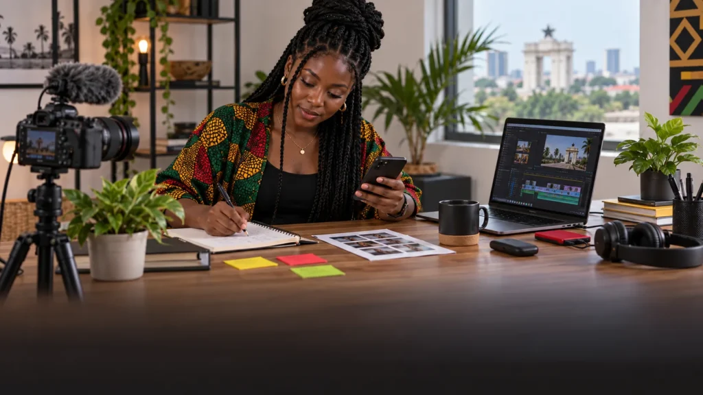 A Ghanaian content creator arranging an unbranded, practical tool workflow from planning and capture to editing, captions, publishing and backup
