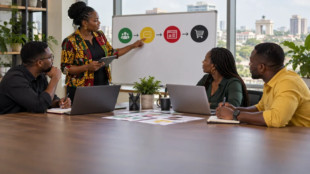 A Ghanaian growth team connecting social content, community response, landing page and sales follow-up on an acquisition journey map
