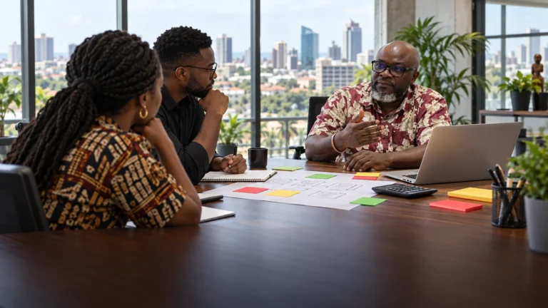 GWO SEVO managing director discussing a technology company business model with colleagues