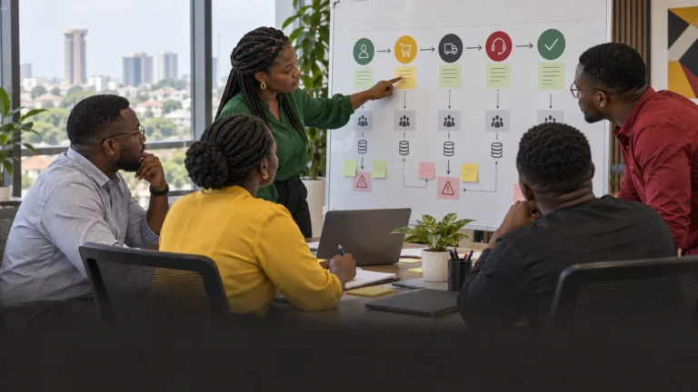 A cross-functional Ghanaian team mapping the visible customer journey above the internal owners, systems and recovery paths