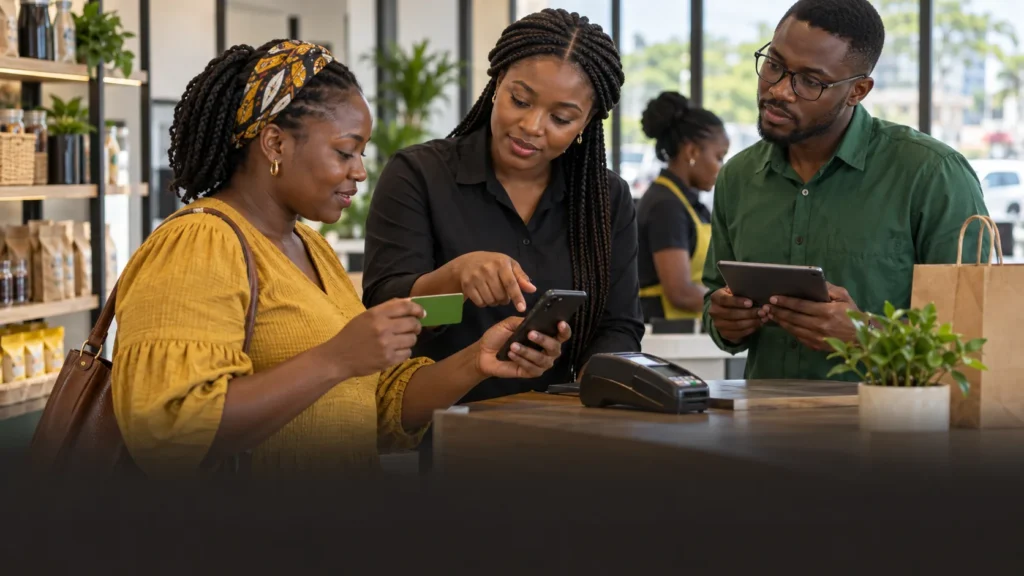A Ghanaian loyalty team testing simple earning and redemption rules with customers using unbranded cards and phones
