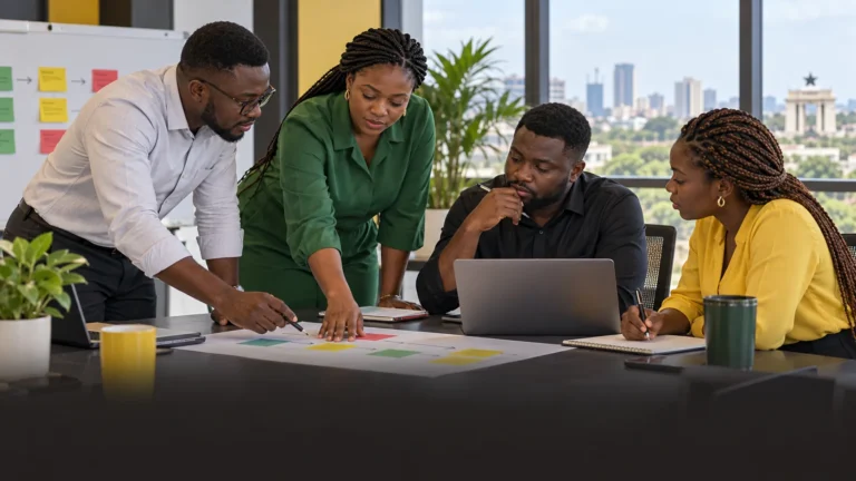 A Ghanaian service and sales team aligning a customer promise, delivery timeline and recovery plan before launch