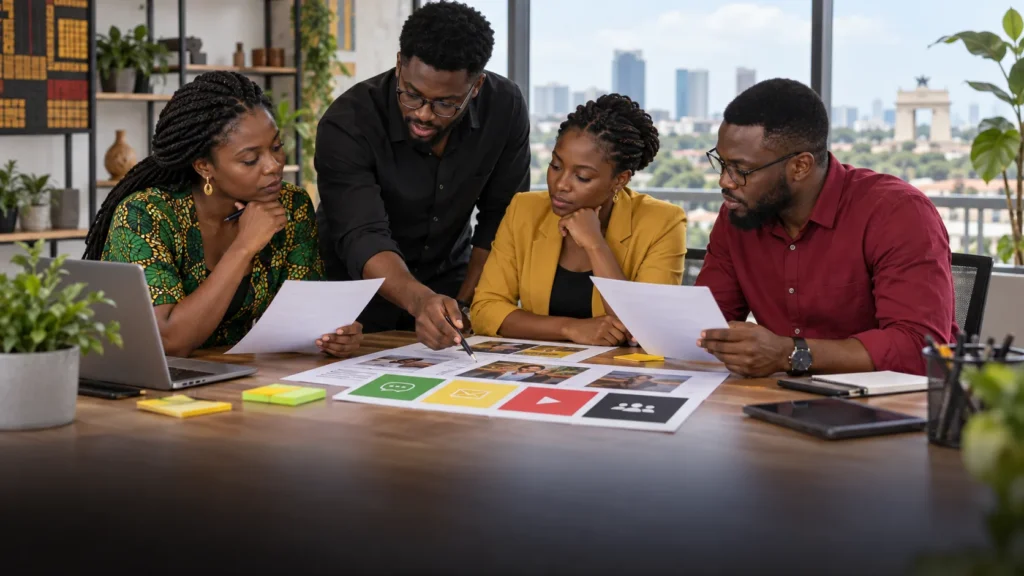 A Ghanaian communications team comparing real writing samples and defining practical voice choices across four channels