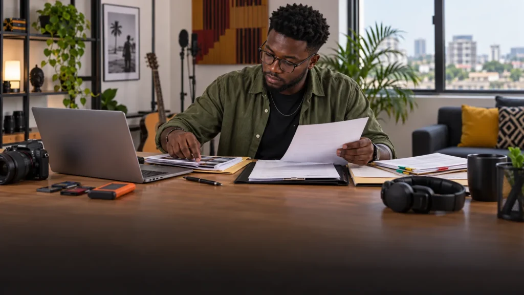 A Ghanaian creator organising original files, model releases, music licences and a written commission agreement at a studio desk
