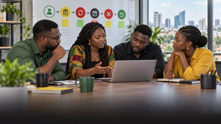 A Ghanaian subscription product team reviewing onboarding, recurring value, renewal, cancellation and win-back on an unbranded service journey